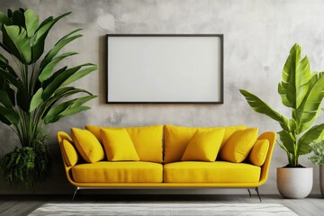 Modern living room interior with yellow sofa wall art