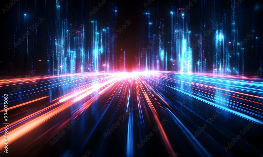 Poster data speed lines on a dark background, representing the concept of optical cables and high internet 