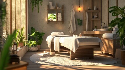 A relaxing spa scene with a massage table, towels, and other spa supplies. There's plenty of room for your message.