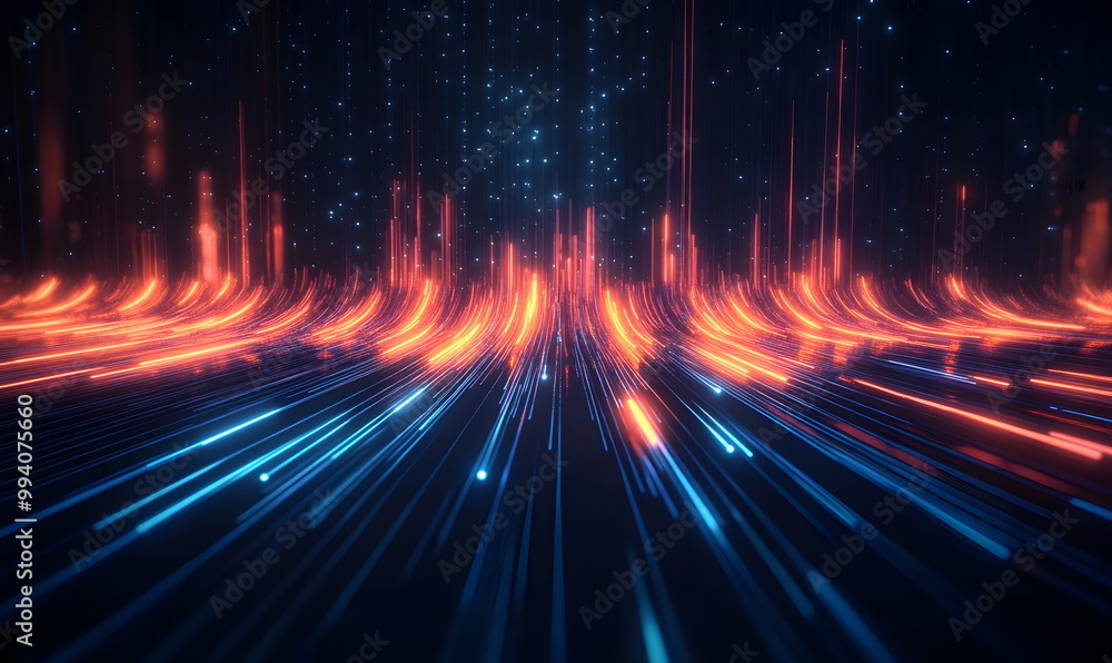 Poster data speed lines on a dark background, representing the concept of optical cables and high internet 