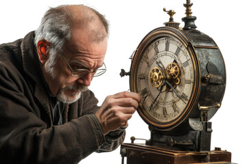A clockmaker adjusting the gears of an antique clock, isolated on transparent background, PNG file