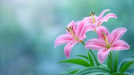 Pink Lily Flower Bouquet with Green Leaves on Blue Background