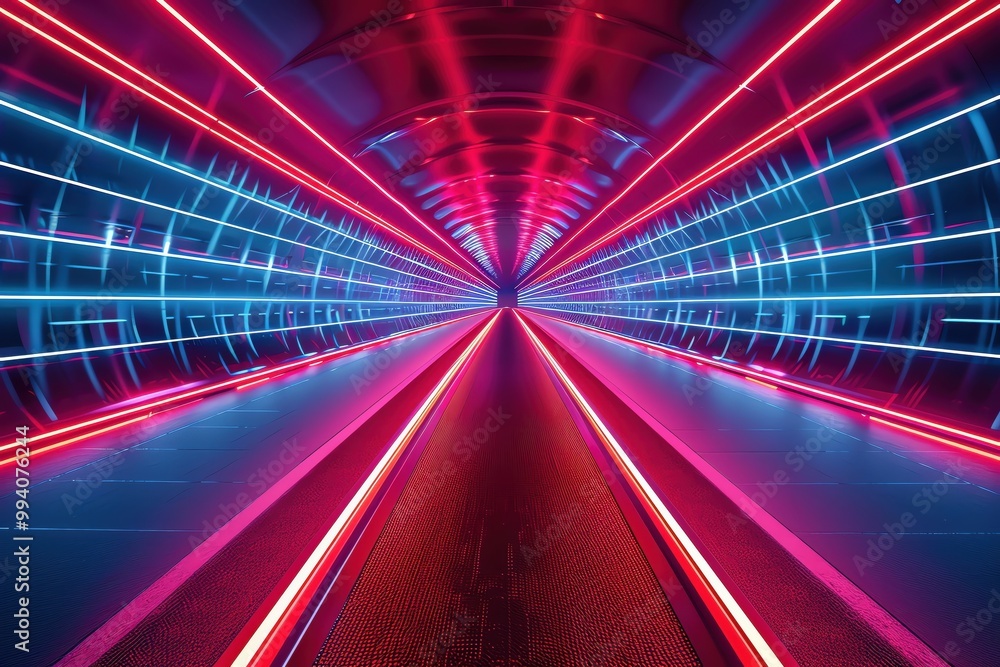 Poster vibrant neon lights create a dynamic tunnel effect, blending colors of blue and pink in an abstract 
