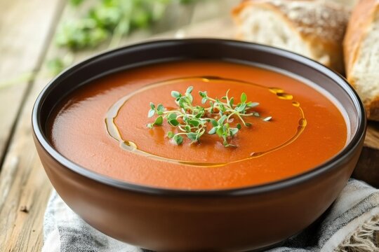 Fresh homemade tomato soup in brown bowl with microgreens