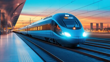 Naklejka premium Modern High Speed Train Arriving at Station at Sunset