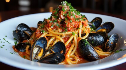 Delicious spaghetti with mussels in tomato sauce at restaurant