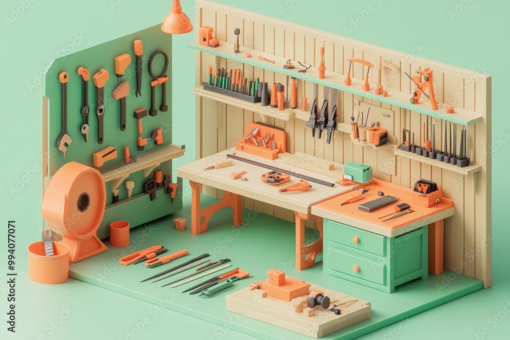 Poster a colorful workshop scene featuring tools and equipment arranged on walls and tables.