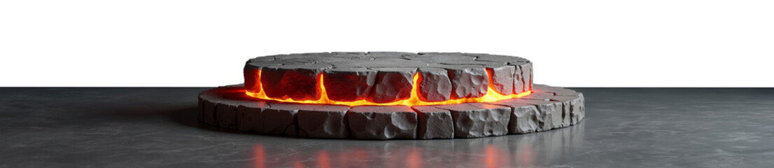 Dark stone podium with lava inside cracks on marble floor. Isolated template for product presentation.