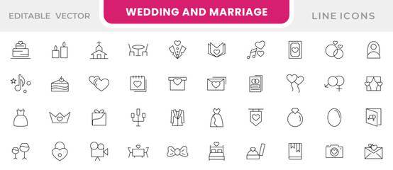 Wedding line icons set set. Love beauty celebration wedding couple bride marriage flat icon collection. UI flat icons collection. Thin outline icons pack