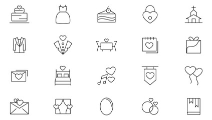 Wedding line icons set set. Love beauty celebration wedding couple bride marriage flat icon collection. UI flat icons collection. Thin outline icons pack