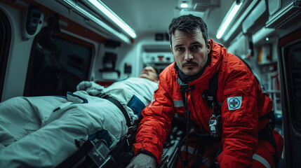 Fototapeta premium Paramedic sitting inside an ambulance next to a patient on a stretcher