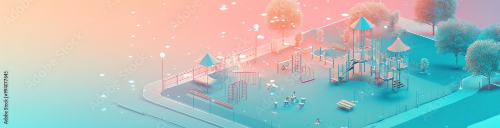 Poster a colorful playground scene with children playing and various play structures.