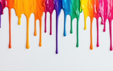 Naklejka premium Vibrant paint drips in a rainbow of colors against a clean white background, perfect for creative and artistic themes.