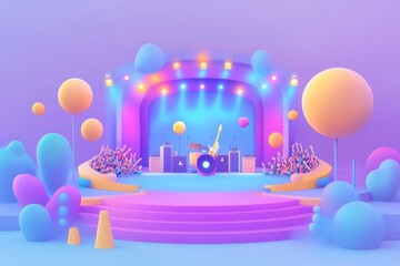 Obraz premium A colorful, stylized stage setup for a musical performance with vibrant lighting and decor.