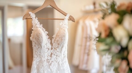 Closeup white wedding dress hanging on a hanger in a bridal boutique.
