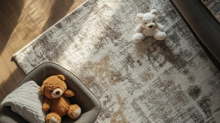 A soft, stylish rug with a chair and a teddy bear on the floor. You're looking down at it from above.