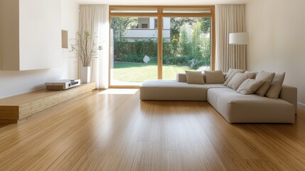 Fototapeta premium Bright and airy living room with wooden flooring, modern furniture, and large windows overlooking a serene garden.