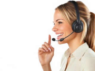 A customer service agent talking on a headset while typing, isolated on transparent background, PNG file