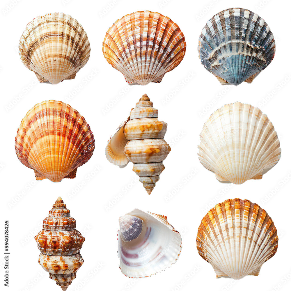 Poster nine seashells with intricate patterns and textures are displayed against a clean white backdrop