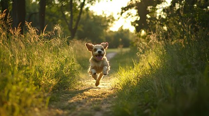 Fototapeta premium A joyful dog leaps through a sunlit path in a green meadow.