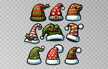 Hand drawn set of cartoon santa claus hats isolated on transparent png background. New Year, Christmas. Vector illustration.