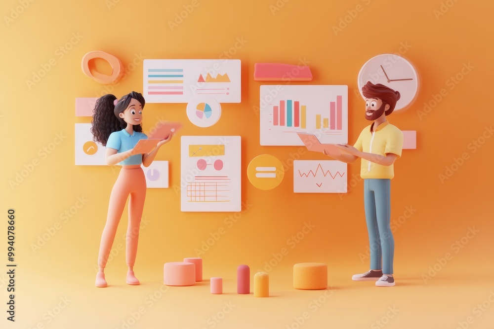 Poster two animated characters analyze data on digital devices against a vibrant backdrop.