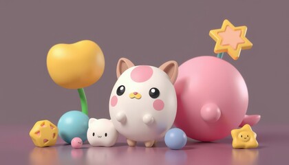 Cute 3D cartoon cat character with colorful geometric shapes.