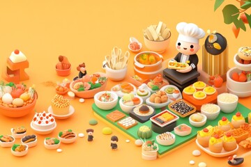 Obraz premium A colorful display of various dishes and a chef figure, showcasing a vibrant food scene.