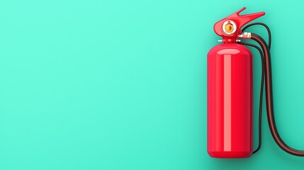 Obraz premium A bright red fire extinguisher against a vibrant turquoise background, ideal for safety and prevention themes.