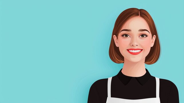 A cheerful woman in a black shirt and apron smiles against a teal background, representing hospitality and service in a vibrant setting.