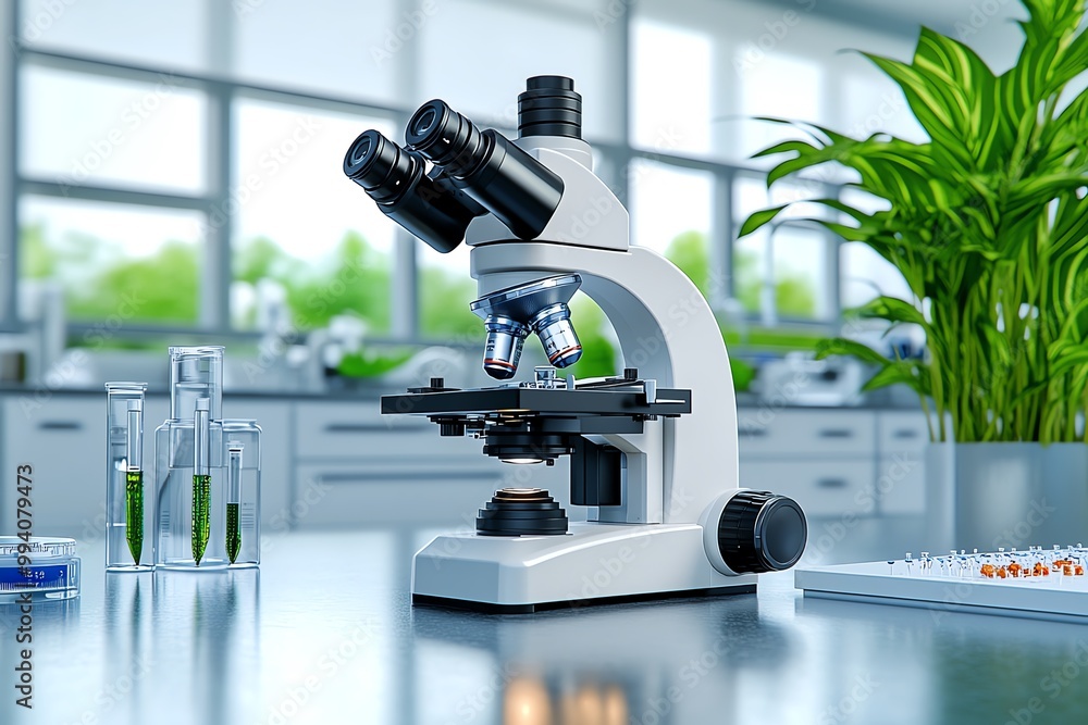 Aufkleber A hyper-realistic view of a microscope in a science lab, with detailed reflections on the lens and a clear view of the specimen under study