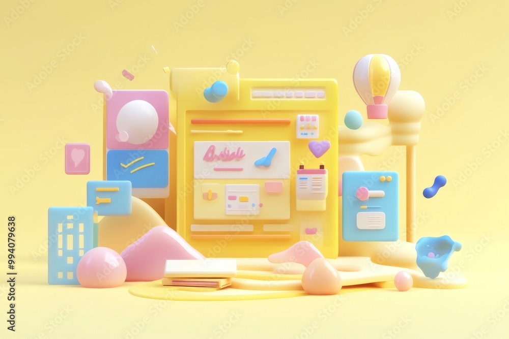 Poster a colorful, playful 3d composition featuring abstract shapes and digital elements.