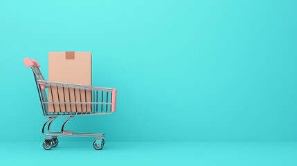 A shopping cart with a cardboard box on a vibrant turquoise background, perfect for e-commerce and retail concepts.