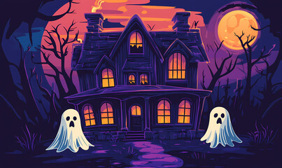 Haunted house with ghosts under full moon