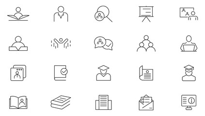 Teacher line icon set. Knowledge, E-learning, video tutorial, study, school, university, webinar, teacher, school, creativity, wisdom line icon set. UI thin line icon pack.