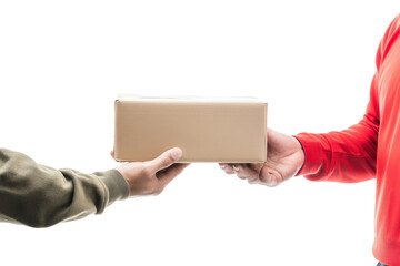 A delivery person handing over a package to a customer, isolated on transparent background, PNG file