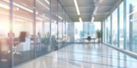 Empty modern office corridor with glass walls and bright daylight.