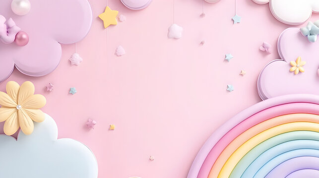 fondo con estilo de colores pastel con espacio de copia con arcoiris decorativo con nubes y flores de decoracion tarjeta para dise&ntilde;o o invitacion para celebraciones