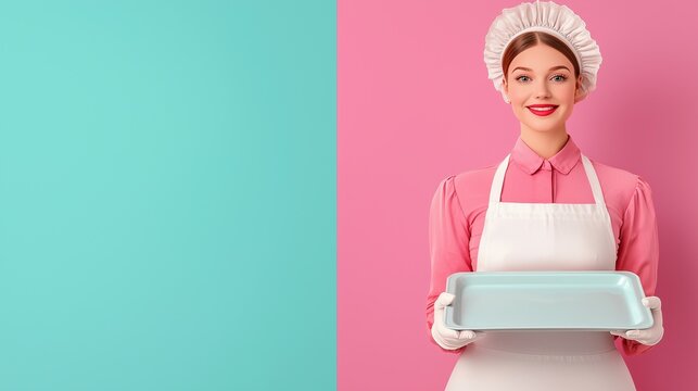 Cheerful woman in vintage attire holding a baking tray, set against a vibrant pink and blue background, perfect for culinary themes.