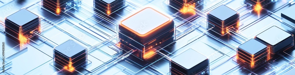 Poster a futuristic digital landscape featuring interconnected processors and circuits.
