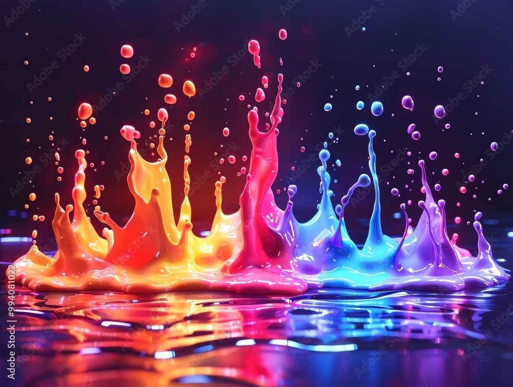 Poster vibrant splash of colorful liquid creates an artistic display of fluid motion and energy on a reflec
