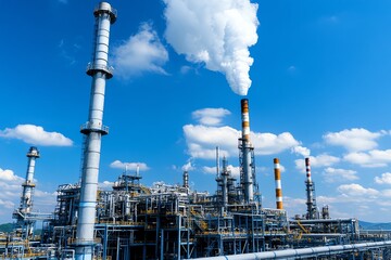 Fototapeta premium A large oil refinery, with pipelines and smokestacks, showing the environmental cost of fossil fuel extraction and processing