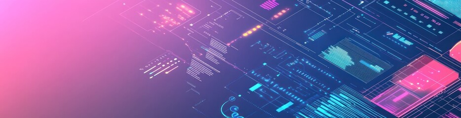 Abstract digital interface with data visualizations and vibrant colors.