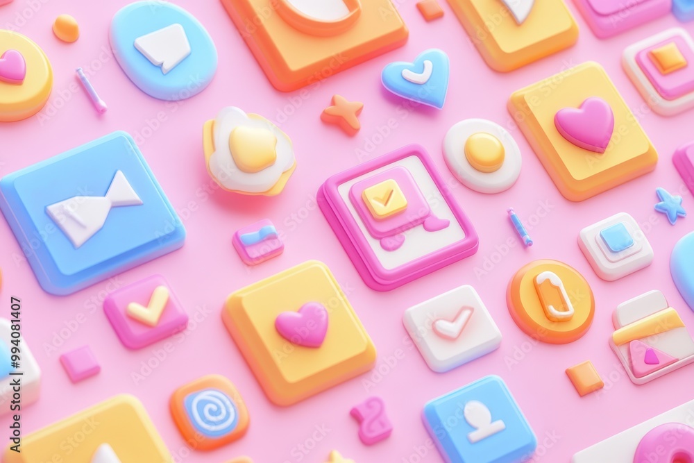 Poster a colorful arrangement of playful app icons and buttons on a pink background.