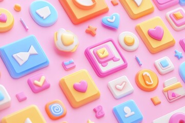 Fototapeta premium A colorful arrangement of playful app icons and buttons on a pink background.