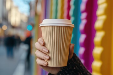 Naklejka premium Woman holding takeaway coffee cup on colorful street