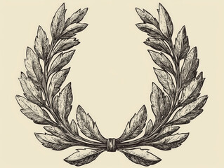 Vintage style engraved illustration of laurel wreath, symbolizing victory and achievement. This intricate design showcases detailed leaves and central bow, evoking sense of tradition and honor