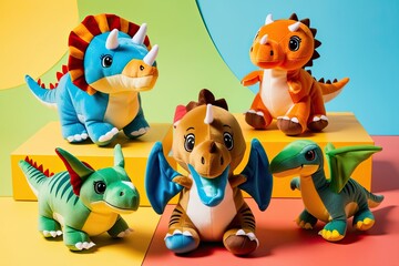 Fototapeta premium Cute Dinosaur Plush Toy Set Featuring Triceratops Brachiosaurus Velociraptor and Pterodactyl on Colorful Background