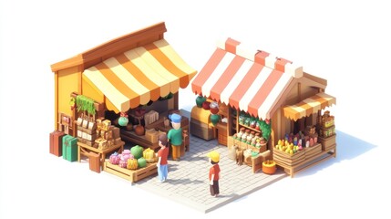 Obraz premium A colorful market scene with two stalls selling fruits and vegetables.