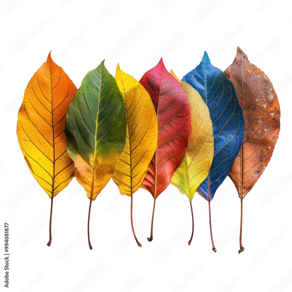 Poster seven colorful autumn leaves are standing in a row, showing the transition from summer to fall